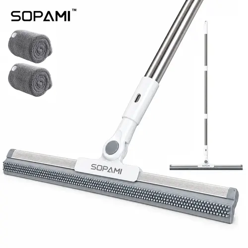 SOPAMI Household Floor Squeegee Mop, 180° Swivel Head, Silicone Scraper, Washable Microfiber Pad, Long Handle for Wet-Dry Cleaning