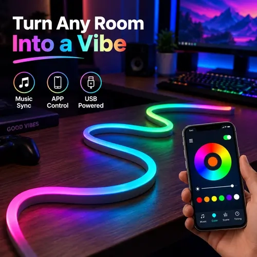 RGBIC Smart Neon LED Light Strip - Bluetooth App/Remote Controlled, Dynamic Adjustable Lighting, Music Sync, USB Powered, Non-Cuttable Indoor LED Lights Bedroom, Cool Room Decor for Home Improvement