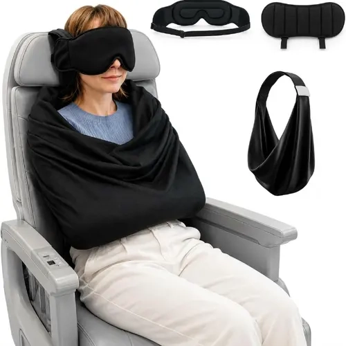 3-in-1 Airplane Sleep Support System - Carry On-Friendly Travel Bedding Accessory Set with Memory Foam Long Haul Pillows for Sleeping, Adjustable Travel Mask, Blanket-Like Body Sling, Sleep Mask