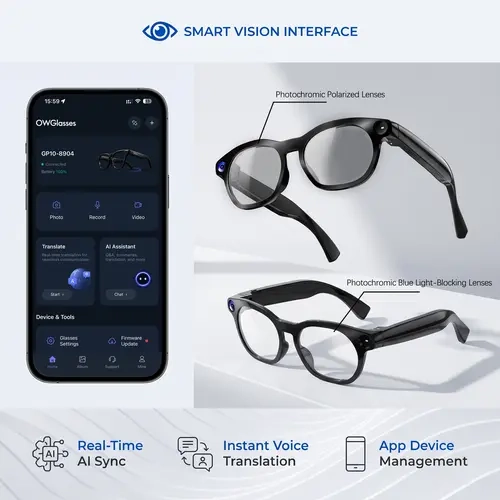 Osawalla Smart Sports Video Glasses - Wearable AI Camera Glasses with Translation Function, 1080p HD Recording, Photochromic Lenses, Hands-Free Operation for First-Person Vlogging, Outdoor Adventures