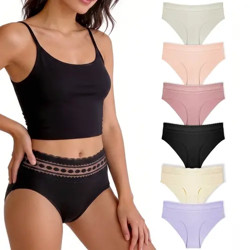 Underwear for Women Lace Waistband Bikini Panties 6 Pack Breathable Soft Stretch Cotton Briefs