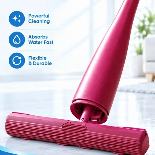 AIR U New PVA Sponge Mop (53.1x4.7x13.4in) - Hands-Free 1-Stroke Floor Cleaner, Super Absorbent Refill, Self-Wringing Flat Head, Lightweight Durable Cleaning Tool Mops for Kitchen/Bath