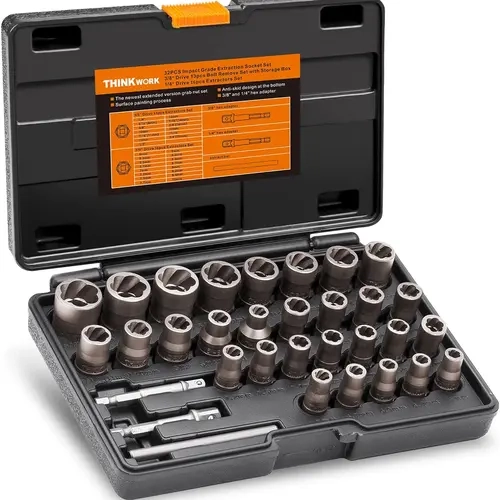 THINKWORK Upgrade Bolt Extractor Set, 32 Counts Impact Bolt & Nut Remover Set, Stripped Lug Nut Remover for Removing Damaged, Frozen, Rusted Universal Impact impact bolt