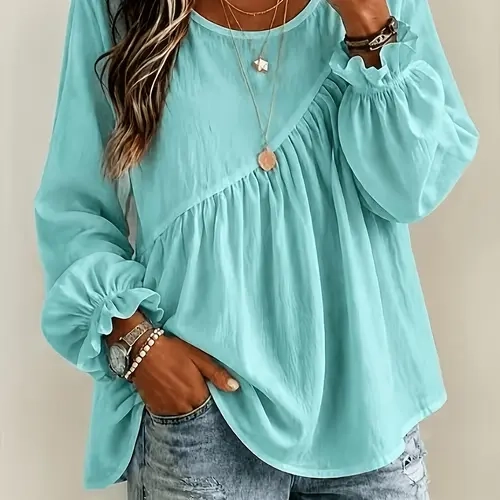 Women's Lazy Style Pleated Doll Shirt, Round Neck Diagonal Split Loose Lantern Long Sleeve, Lightweight Breathable Casual Top Blouse