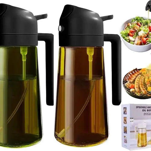 2-Count 16oz/470ml Light-Blocking Dark Green Glass 2-in-1 Oil Sprayer Dispenser, Kitchen Utensils with Precise Nozzle for Controlled Spray, Food-Grade Refillable Mister for Air Fryer, BBQ Even Coat, Compatible with Olive, Avocado Oils, Soy Sauce