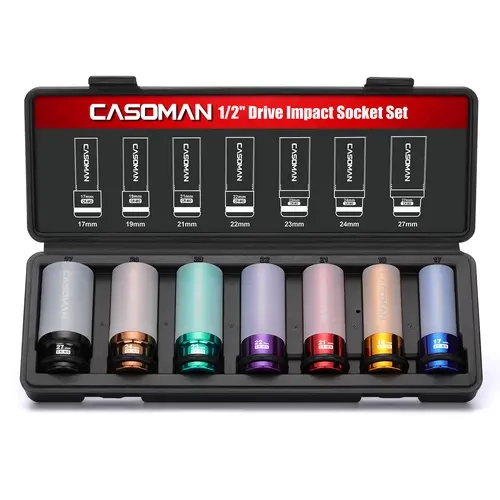 CASOMAN 7PCS 1/2" Drive Deep Lug Nut Impact Socket Set, CR-MO, Non-marring Thin Wall Wheel Protector, Color-Coded, 85mm Length, 6 Point Metric, Tools for Mechanics #toolupgrade