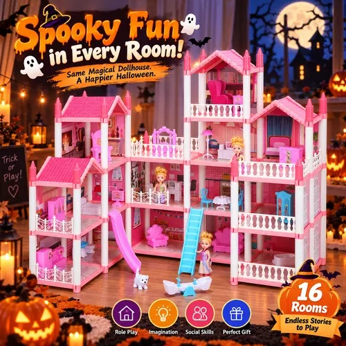 16-Room Princess Dollhouse Playset, Kids Toys Play for Girls Ages 3+, Large Pretend Play Dream House with Colorful LED Light String, Furniture, Accessories, Dolls, Slide, Seesaw, Assembly Required, Christmas Gifts for Kids