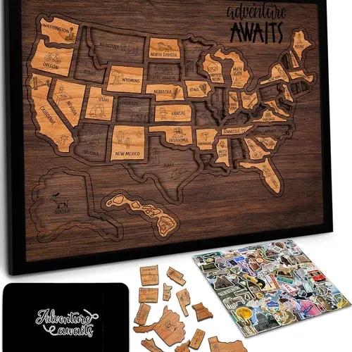 LIVE AUCTION Camdoor Wooden USA Travel Map Puzzle, 12x10" Vintage Wall Decor, Gift for Couples & Families, Travel Lovers