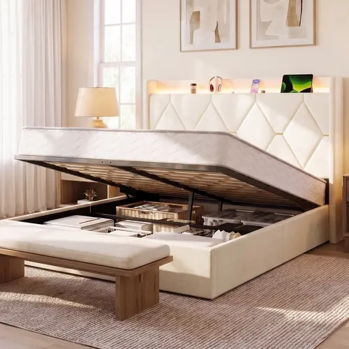 HOOMIC Beige Upholstered Hydraulic Storage Bed Frame, LED Wingback Headboard with Charging Station, Diamond Tufted Platform Bed, No Box Spring Needed, Full/Queen/King