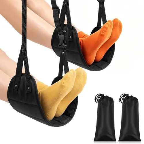Comfortable Foot Rest for Travel - Black Adjustable Foot Rest with Storage Pouches - Ideal for Long Flights & Road Trips