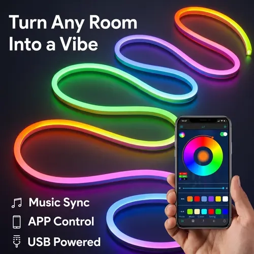 3.28 ft Long RGBIC Smart Neon LED Light Strip, App+Remote Controlled, Dynamic Adjustable Lighting, Music Sync, USB Powered, Non-Cuttable Indoor Lights for Bedroom Home Decor