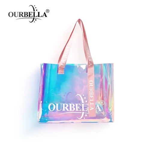 [LIMITED EDITION]Ourbella Women's Holographic Shine Reinforced Tote Bag - Large Capacity, Waterproof Transparent PVC, Trendy Commuter Bag, Rain-Ready Tote with Double Handle for Work, Show Your Items,TikTokShopblackfriday