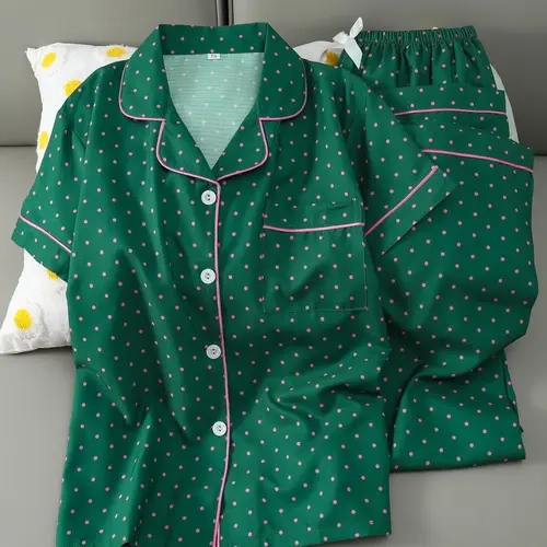 Elegant Polka Dot Print Short Sleeve and Long Pants Pajama Set, Women's Comfortable Sleepwear, Casual Home Fashion, Loungewear, Perfect Gift Choice