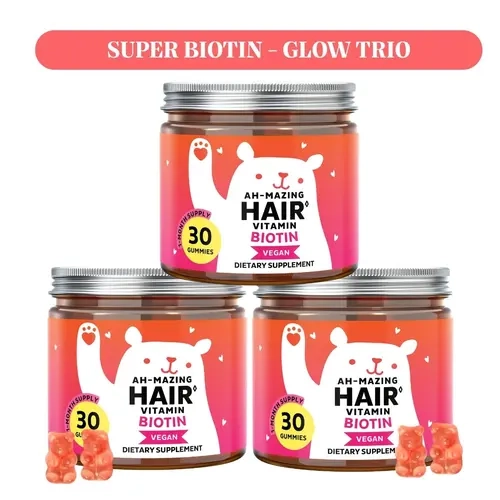 Bears with Benefits Super Biotin Best Seller Trio – 5000 mcg Biotin Gummies with Vitamins B6, C & E + Zinc – Supports Hair, Skin & Nails – Vegan Wild Berry Flavor – 3 x 30 Gummies