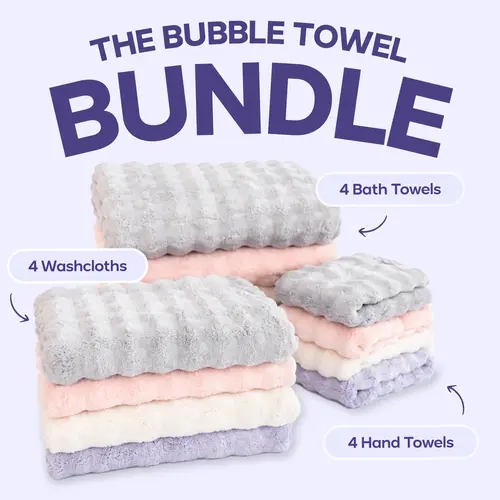 Mellow Sleep Bundle | Bubble Towels - 4x Bath Towels - 4x Hand Towels - 4x Washcloths - Soft, Cushioned Microfiber with Quick-Drying Bubble Texture - Product Ship Separately