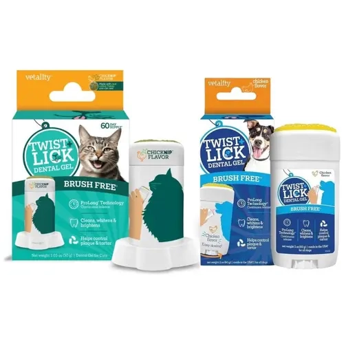 Cat and Dog Dental Gel Bundle - Vetality Twist+Lick Dog and Cat Dental Gels - 1 of each, 30 Day Supply, Brush Free, No Mess, 24 Hours of Fresh Breath