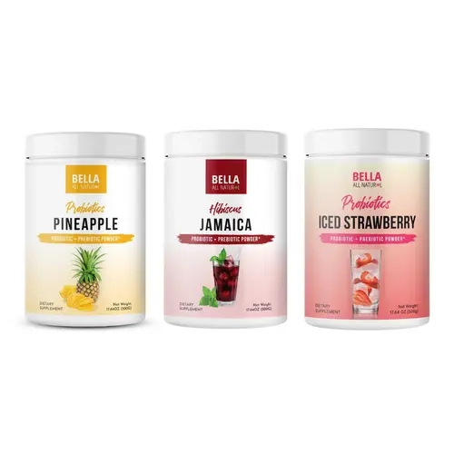Bella All Natural Wellness Essentials Trio: Probiotics Iced Strawberry, Probiotics Pineapple Powder and Jamaica Hibiscus with Probiotic + Prebiotic