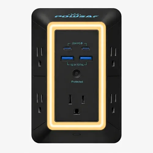 POWSAF Multi Plug Outlet Surge Protector, 3-Sided 5 Adapter-Spaced Outlets, 4 USB Ports (2 USB-C Fast Charging), Night Light, ETL-Certified Indoor Use Extender for Phones & Electronics