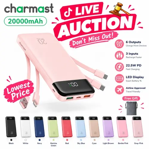 【live】charmast 20000mAh Portable Charger with Built in Cables, 22.5W Travel Power Bank Fast Charging, USB C Cell Phone Battery Pack for iPhone 17/16/15/14/13/12 Series, iPad, Samsung, Android, Tablet