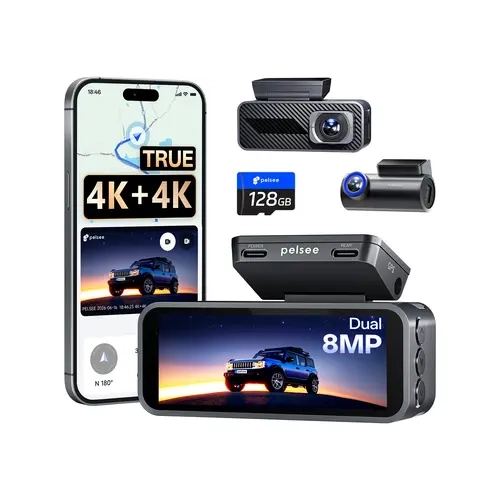 PELSEE S1 Pro Native 4K Dual HDR Car Dash Camera for Cars/SUVs, Front & Rear 8MP Cam with 128GB Card, 5.8GHz Wi-Fi 30MB/s Download, GPS, Voice Control, Full Color Night Vision, 24H Parking Mode, Wi-Fi 6