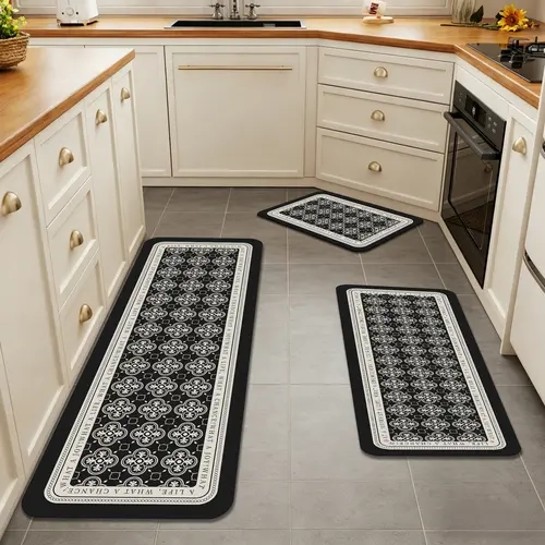 3-Piece Kitchen Mat Set, Geometric Grid Pattern, Long Absorbent Kitchen Mat, Entrance Anti-Slip Mat, Washable Door Mat, Home Decor, Waterproof And Oil-Resistant Kitchen Mat, Suitable For Kitchen, Entrance, Bedroom, Hotel, Guesthouse.