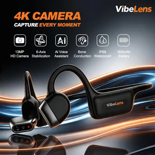 VibeLens Smart AI Headphones with 13MP Camera, Hands-Free 4K Photo and Video Capture, Bone Conduction Earphones with AI Functions, MP3 Modes, IP68 Waterproof, Wireless Bluetooth Open-Ear Sports Headset for Swimming/Cycling/Travel