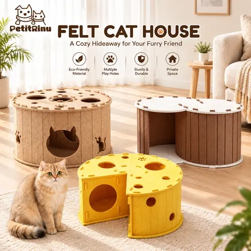 Felt Cat House for Small Cats & Kittens - Cozy Indoor Hideaway, Soft Bed, Multi-Functional Pet Furniture with Play Holes, Breathable Non-Stuffy Design