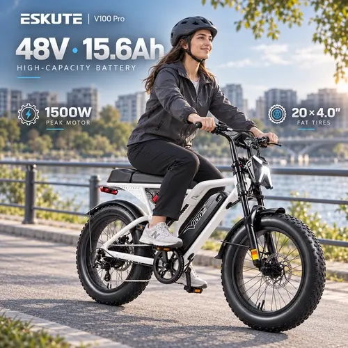 ESKUTE V100Pro Adult Electric Bike - 20” Fat Tires, 48V 15.6Ah Battery, 1500W Peak Motor Ebikes, All-Terrain Dual Suspension, 30+MPH Speed, 7-Speed for City & Off-Road Use, 1500W Motor
