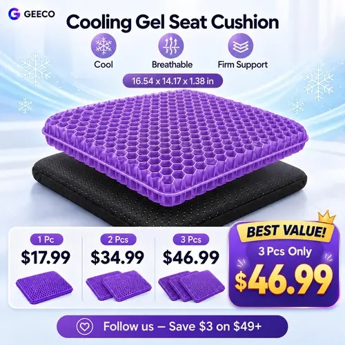 GEECO Firm Gel Seat Cushion for Home-Office Chair, Car Use, Breathable Honeycomb Cooling Pad with Non-Slip Bottom, Removable Machine-Washable Cover