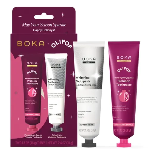 BOKA x OLIPOP Pomegranate Sparkle n-Ha Toothpaste 1.3oz and BOKA  n-Ha Toothpaste Whitening 1.3oz 2Pack