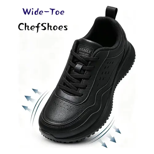 Men's Wide Toe Non-Slip Chef Footwear - Waterproof Ultra-Light Solid Color Leather Walking Shoes, All-Year Comfortable Trainer, Plus Size, No Strap-Tying Round Toe Design