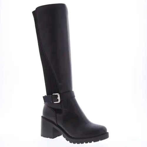 Aqua - Women's Knee High Boots with Stretch Knit Back Panel, Chunky Block Heel, Lug Sole, Buckle Strap & Round Toe, Black Tall Boots for Fall & Winter