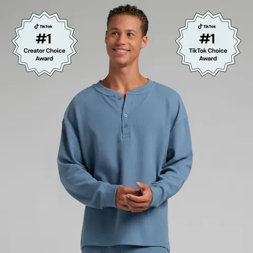 Comfrt | Waffle Lounge Henley Long Sleeve | Relaxed-Fit Button-Front Waffle Knit Top