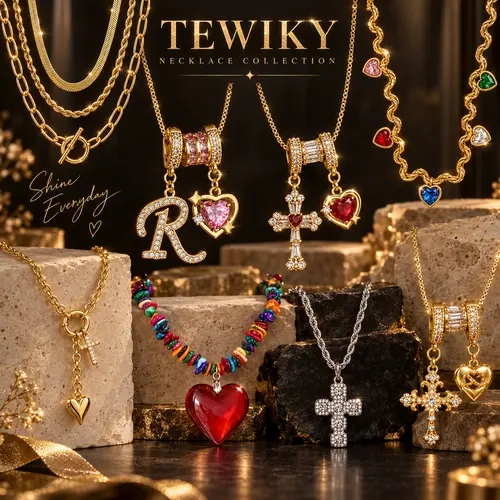 NEW【Tewiky Official】Necklace——14K Gold Plated, Waterproof, Non-Fading, Stylish Exquisite Jewelry, Gift-Ready Fashion Accessory.Sparkling CZ heart & cross pendants, layered stackable chains and vibrant gem charms.