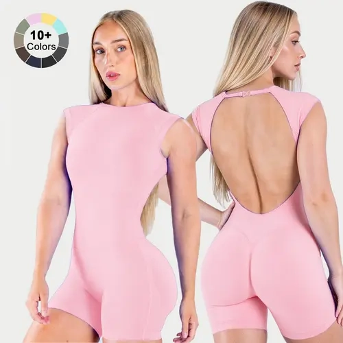 [SIZE UP 1] DEEFY Impact Short Sleeve One Piece Workout Romper Bodysuit Women Backless Built In Bra Butt Lifting Seamless High Stretch Bodycon Yoga Gym Fitness Training Jumpsuit Athletic Activewear Sportswear Workout Outfit