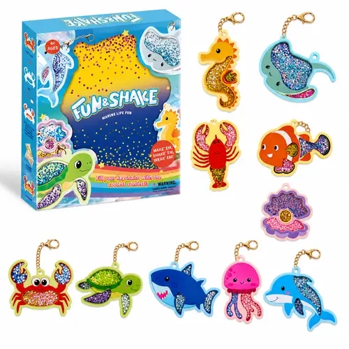 BYTEWAR DIY Ocean Animal Shaker Keychain Craft Kit for 8+ Years, 10 Designs with Glitter & Confetti, Make Your Own Keychains, Creative Arts & Crafts Gift Set