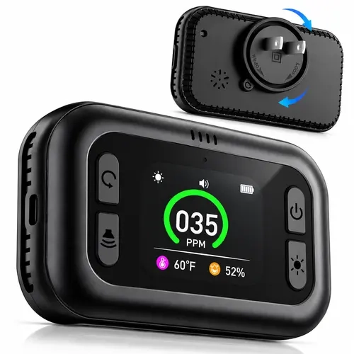Indoor Air Quality Monitor with Temperature & Humidity Rotatable Screen Rechargeable & Plug-in Use for Bedroom, Home, Kitchen, Factory, Garage & RV
