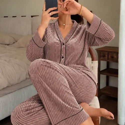 Women's Long Sleeve Velvet Pajama Set, Luxenights Fall Winter Sleepwear, Comfortable Cozy Nightgown, Ideal for Cold Weather