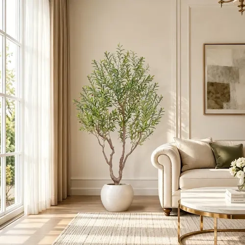 5/6/7/8ft Artificial Olive Tree – Lifelike appearance with plump fruit, featuring a textured milky-white pot; ideal for home or office.