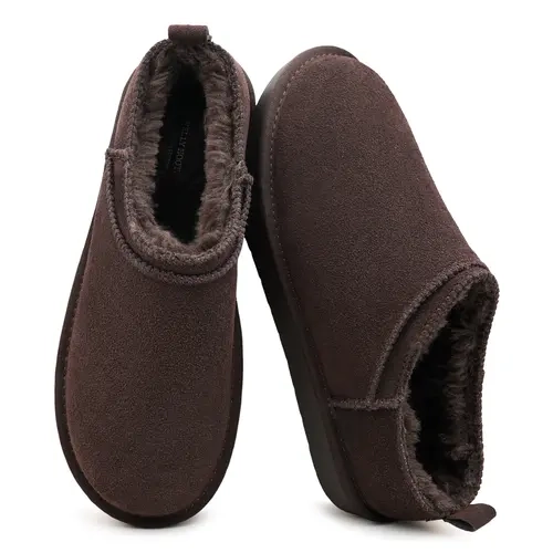 EVELLYHOOTD Women's Genuine Suede Micro Mini Fur Lined Booties, Soft Slip-On Winter Footwear, Lightweight Non-Slip Plain Ankle Snow Shoes for Daily Wear Fall Winter