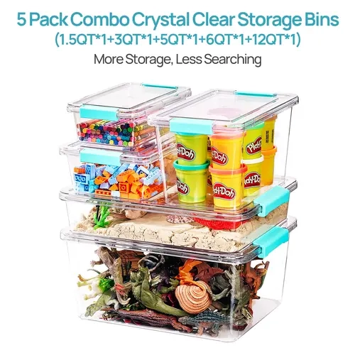 【Christmas Gifts Storage】Vtopmart 5 Pack Combo Clear Storage Bins with Lids and Latches, 1.5-12QT Stackable Plastic Storage Box for Homeschool, Classroom, Office, Craft Room for Art & Craft Supplies, Stationery, Toys, Knitting, Black Friday