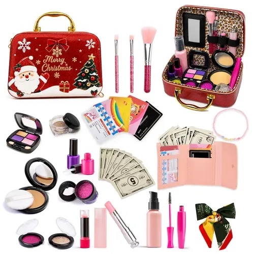 Christmas Pretend Makeup Set, Portable Red Makeup Case with Brushes, Wallet, Scarf & Beauty Accessories, Holiday Role Play Gift Set