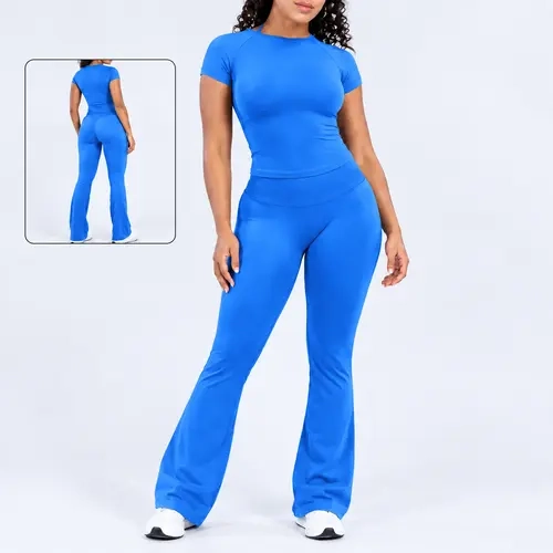 JGS1996 2 Piece Set for Women, IMPACT Sports Sets, Short Sleeve Tee Top & Low-mid Waist Flares Leggings, Gymwear Workout Gym Women Butt Lifting Sports Pants Tummy Control Flared Leggings Gym Sets for Yoga and Fitness, Compression Activewear Yoga Clothes