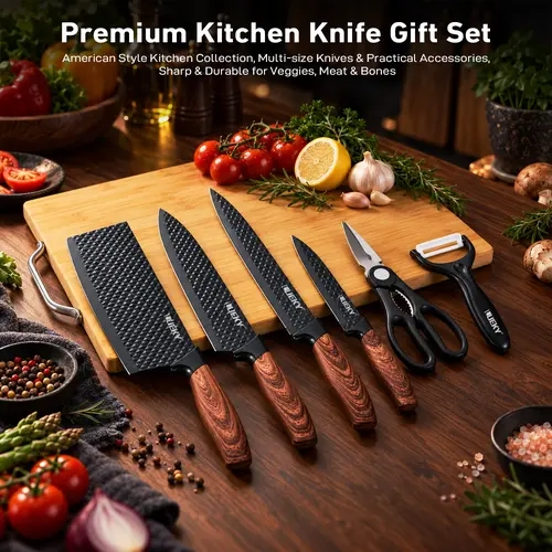 Qawtor 6-Piece Kitchen Knife Set – Sharp Hammered Stainless Steel Chef Knives with Ergonomic Wood-Grain Handles, Rust-Resistant Kitchen Cutlery Set, Halloween & Christmas Gift for Home Cooks