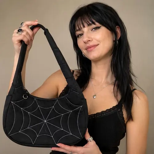 Women's Black Gothic Punk Handbag Crossbody Bag - Spiderweb Design, Spooky Chic, Everyday Bag, Adjustable Strap, Minimalist, Multi-Compartment, Metal Zipper