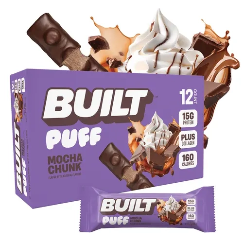 Official BUILT Bar, Puff Protein Bar Snack, Mocha Chunk, Protein Packed Snack, Collagen, 160 calories