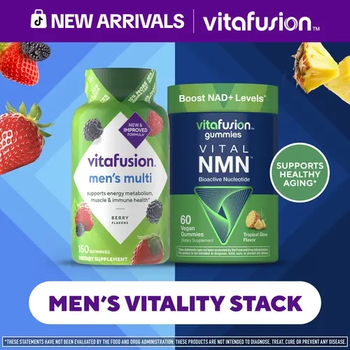 [Vitafusion] Men's Vitality Stack: NMN Gummies - Bioactive Nucleotide - Tropical Glow Flavor - Boost NAD+ Levels - 60 Vegan Gummies & Men's Multivitamin - Vitamin A, C, D, E, B6, B12 - Berry Flavors - 150 Gummies