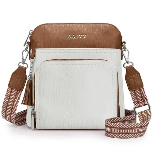 AAIVV SYTRAH Women's Anti-Theft Veg Leather Crossbody & Shoulder Bag, RFID Blocking Purse with Built-In Wallet, Adjustable Wide Strap, Brown/White Color Block Travel Bag, Veg Leather Women's Crossbody & Shoulder Bags