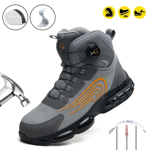 Men's Mid-Top Industrial Construction Work Shoes - Lightweight Breathable Striped Fabric Lace-Up Walking Shoes, Composite Round Toe, Puncture-Resistant TPU Sole, Ankle Protection, Slip-Resistant, All-Season Outdoor Flexible Safety Footwear