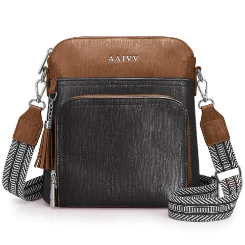 AAIVV SYTRAH Anti-Theft Crossbody Bag for Women, RFID Blocking Purse with Built-In Wallet, Adjustable Wide Strap, Vegan Leather Travel Shoulder Bag(Brown/Black color block)